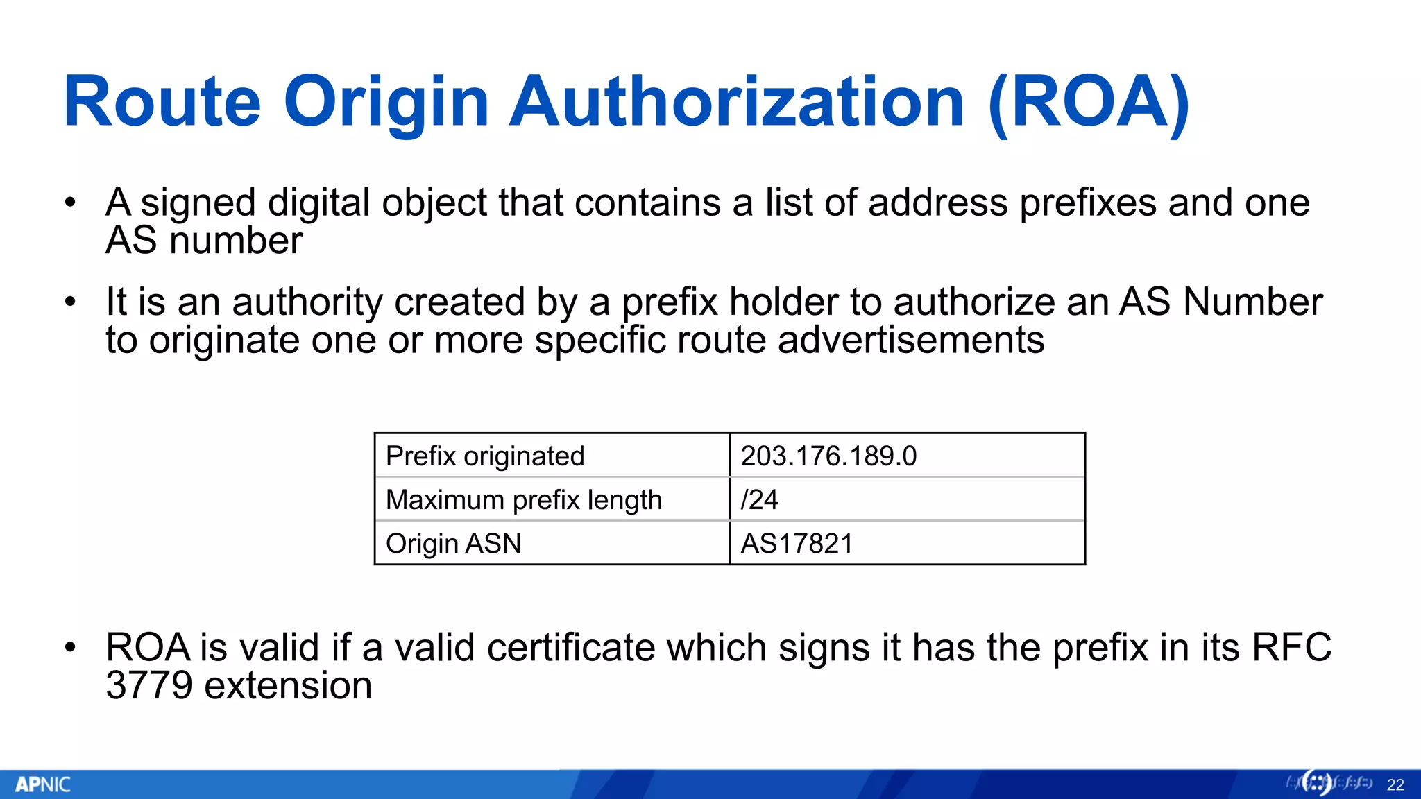 Route Origin Authorization (ROA)
• A signed digital object that contains a list of address prefixes and one
AS number
• It is an authority created by a prefix holder to authorize an AS Number
to originate one or more specific route advertisements
• ROA is valid if a valid certificate which signs it has the prefix in its RFC
3779 extension
22
Prefix originated 203.176.189.0
Maximum prefix length /24
Origin ASN AS17821
 