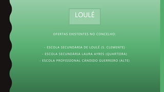 OFERTAS EXISTENTES NO CONCELHO:
- ESCOLA SECUNDÁRIA DE LOULÉ (S. CLEMENTE)
- ESCOLA SECUNDÁRIA LAURA AYRES (QUARTEIRA)
- ESCOLA PROFISSIONAL CÂNDIDO GUERREIRO (ALTE)
LOULÉ
 