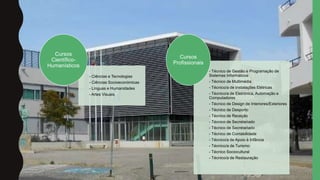 - Ciências e Tecnologias
- Ciências Socioeconómicas
- Línguas e Humanidades
- Artes Visuais
Cursos
Científico-
Humanísticos
- Técnico de Gestão e Programação de
Sistemas Informáticos
- Técnico de Multimédia
- Técnico/a de Instalações Elétricas
- Técnico/a de Eletrónica, Automação e
Computadores
- Técnico de Design de Interiores/Exteriores
- Técnico de Desporto
- Técnico de Receção
- Técnico de Secretariado
- Técnico de Secretariado
- Técnico de Contabilidade
- Técnico/a de Apoio à Infância
- Técnico/a de Turismo
- Técnico Sociocultural
- Técnico/a de Restauração
Cursos
Profissionais
 