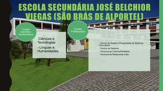 ESCOLA SECUNDÁRIA JOSÉ BELCHIOR
VIEGAS (SÃO BRÁS DE ALPORTEL)
- Ciências e
Tecnologias
- Línguas e
Humanidades
Cursos
Científico-
Humanísticos
- Técnico de Gestão e Programação de Sistemas
Informáticos
- Técnico de Desporto
- Técnico/a de Cozinha/Pastelaria
- Técnico/a de Restaurante e Bar
Cursos
Profissionais
 