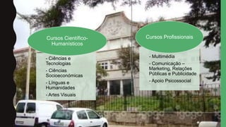- Ciências e
Tecnologias
- Ciências
Socioeconómicas
- Línguas e
Humanidades
- Artes Visuais
Cursos Científico-
Humanísticos
- Multimédia
- Comunicação –
Marketing, Relações
Públicas e Publicidade
- Apoio Psicossocial
Cursos Profissionais
 