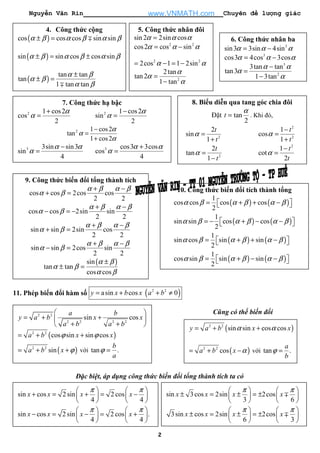 Nguyễn Văn Rin Chuyên đề lượng giác
2
11. Phép biến đổi hàm số ( )2 2
asin cos 0y x b x a b= + + ≠
Cũng có thể biến đổi
Đặc biệt, áp dụng công thức biến đổi tổng thành tích ta có
10. Công thức biến đổi tích thành tổng
( ) ( )
( ) ( )
( ) ( )
( ) ( )
1
cos cos cos cos
2
1
sin sin cos cos
2
1
sin cos sin sin
2
1
cos sin sin sin
2
α β α β α β
α β α β α β
α β α β α β
α β α β α β
= + + −  
= − + − −  
= + + −  
= + − −  
4. Công thức cộng
( )cos cos cos sin sinα β α β α β± = ∓
( )sin sin cos cos sinα β α β α β± = ±
( )
tan tan
tan
1 tan tan
α β
α β
α β
±
± =
∓
5. Công thức nhân đôi
sin 2 2sin cosα α α=
2 2
cos2 cos sinα α α= −
2 2
2cos 1 1 2sinα α= − = −
2
2tan
tan 2
1 tan
α
α
α
=
−
6. Công thức nhân ba
3
sin3 3sin 4sinα α α= −
3
cos3 4cos 3cosα α α= −
3
2
3tan tan
tan3
1 3tan
α α
α
α
−
=
−
7. Công thức hạ bậc
2 1 cos2
cos
2
α
α
+
= 2 1 cos2
sin
2
α
α
−
=
2 1 cos2
tan
1 cos2
α
α
α
−
=
+
3 3sin sin3
sin
4
α α
α
−
= 3 cos3 3cos
cos
4
α α
α
+
=
9. Công thức biến đổi tổng thành tích
cos cos 2cos cos
2 2
α β α β
α β
+ −
+ =
cos cos 2sin sin
2 2
α β α β
α β
+ −
− = −
sin sin 2sin cos
2 2
α β α β
α β
+ −
+ =
sin sin 2cos sin
2 2
α β α β
α β
+ −
− =
( )sin
tan tan
cos cos
α β
α β
α β
±
± =
8. Biểu diễn qua tang góc chia đôi
Đặt tan
2
t
α
= . Khi đó,
2
2
sin
1
t
t
α =
+
2
2
1
cos
1
t
t
α
−
=
+
2
2
tan
1
t
t
α =
−
2
1
cot
2
t
t
α
−
=
2 2
2 2 2 2
sin cos
a b
y a b x x
a b a b
 
= + + 
+ + 
( )2 2
cos sin sin cosa b x xϕ ϕ= + +
( )2 2
sina b x ϕ= + + với tan .
b
a
ϕ =
( )2 2
sin sin cos cosy a b x xα α= + +
( )2 2
cosa b x α= + − với tan .
a
b
ϕ =
sin cos 2 sin 2 cos
4 4
x x x x
π π   
+ = + = −   
   
sin cos 2 sin 2 cos .
4 4
x x x x
π π   
− = − = +   
   
sin 3cos 2sin 2cos
3 6
x x x x
π π   
± = ± = ±   
   
∓
3sin cos 2sin 2cos
6 3
x x x x
π π   
± = ± = ±   
   
∓
www.VNMATH.com
 