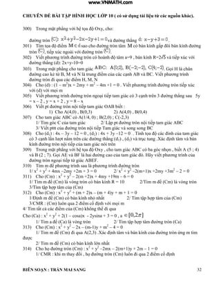CHUYÊN ĐỀ BÀI TẬP HÌNH HỌC LỚP 10 ( có sử dụng tài liệu từ các nguồn khác).
BIÊN SOẠN : TRẦN MAI SANG 32
300) Trong mặt ph ng với h tọa Oxy cho:
ờng tròn v ờng th ng .
301) T m tọa iểm sao cho ờng tròn t m có b n ính gấp ôi b n ính ờng
tròn tiếp xúc ngo i với ờng tròn .
302) Viết ph ơng tr nh ờng tròn c ho nh t m a 9 b n ính R 2 v tiếp xúc với
ờng th ng d : 2x+y-10=0
303) Trong mặt ph ng cho tam gi c ọi ch n
ờng cao ẻ từ M v N trung iểm của c c c nh v C Viết ph ơng tr nh
ờng tròn i qua c c iểm M N
304) Cho (d) : (1 – m2
)x + 2my + m2
– 4m +1 0 Viết ph ơng trình ờng tròn tiếp xúc
với d với mọi m
305) Viết ph ơng trình ờng tròn ngo i tiếp tam gi c c 3 c nh trên 3 ờng th ng sau 5y
= x – 2 , y = x + 2 , y = 8 – x
306) Viết pt ờng tròn n i tiếp tam gi c O biết :
1) Cho A(4,0) , B(0,3) 2) A(4,0) , B(0,4)
307) Cho tam giác ABC có A(1/4, 0) ; B(2,0) ; C(-2,3)
1/ T m g c C của tam gi c 2/ Lập pt ờng tròn n i tiếp tam gi c C
3/ Viết pttt của ờng tròn n i tiếp Tam gi c v song song C
308) Cho (d1) : 4x – 3y – 12 = 0 , (d2) : 4x + 3y –12 0 Tính tọa c c ỉnh của tam gi c
c 3 c nh n t nằm trên c c ờng th ng d1) , (d2 v trục tung .Xác ịnh t m v b n
kính ờng tròn n i tiếp của tam gi c n i trên
309) Trong mặt ph ng với h tọa Oxy cho tam gi c C c ba g c nhọn biết 5 ; 4
v 2 ; 7 ọi v F hai ờng cao của tam gi c ãy viết ph ơng tr nh của
ờng tròn ngo i tiếp tứ gi c F
310) Tìm m ể ph ơng trình sau là ph ơng trình ờng tròn
1/ x2
+ y2
+ 4mx –2my +2m + 3 = 0 2/ x2
+ y2
–2(m+1)x +2my +3m2
– 2 = 0
311) Cho (Cm) : x2
+ y2
– 2(m +2)x + 4my +19m – 6 = 0
1/ Tìm m ể Cm vòng tròn c b n ính R 10 2/Tìm m ể Cm vòng tròn
3/T m tập h p t m của Cm
312) Cho (Cm) : x2
+ y2
+ (m + 2)x – (m + 4)y + m + 1 = 0
1/Định m ể Cm c b n ính nh nhất 2/ T m tập h p t m của Cm
3/CMR : (Cm) luôn qua 2 iểm cố ịnh với mọi m
4/ T m tất cả c c iểm của Cm hông thể i qua
Cho (Ca) : x2
+ y2
+ 2(1 – cosa)x - 2ysina + 3 = 0 , a ]2,0[ 
1/ Tìm a ể Ca vòng tròn 2/ T m tập h p t m ờng tròn Ca
313) Cho (Cm) : x2
+ y2
– 2x – (m-1)y + m2
– 4 = 0
1/ Tìm m ể Cm i qua A(2,3) .Xác ịnh t m v b n ính của ờng tròn ứng m t m
c
2/ Tìm m ể Cm c b n ính ớn nhất
314) Cho họ ờng tròn Cm : x2
+ y2
–2mx – 2(m+1)y + 2m – 1 = 0
1/ CMR : khi m thay ổi họ ờng tròn Cm uôn i qua 2 iểm cố ịnh
www.VNMATH.com
 