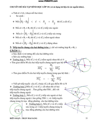 CHUYÊN ĐỀ BÀI TẬP HÌNH HỌC LỚP 10 ( có sử dụng tài liệu từ các nguồn khác).
BIÊN SOẠN : TRẦN MAI SANG 35
 Tính d = I1I2 ( ñoaïn noái hai taâm)
 So saùnh :
 Neáu 1 2 1 2
R R d R R thì (C1) caét (C2)
 Neáu d = R1 + R2 thì (C1) vaø (C2) tieáp xuùc ngoaøi
 Neáu d = 1 2R R thì (C1) vaø (C2) tieáp xuùc trong
 Neáu d > R1 + R2 thì (C1) vaø (C2) naèm ngoaøi nhau
 Neáu d < 1 2R R thì (C1) vaø (C2) ñöïng nhau
2. Tieáp tuyeán chung cuûa hai ñöôøng troøn : ( chæ xeùt tröôøng hôïp R1  R2 )
CAÙCH 1 :
 Xaùc ñònh vò trí töông ñoái cuûa hai ñöôøng troøn
 Xeùt caùc tröôøng hôïp :
 Tröôøng hôïp 1: Neáu (C1) vaø (C2) naèm ngoaøi nhau thì coù 4 tieáp tuyeán chung :
+ Tìm giao ñieåm M cuûa hai tieáp tuyeán chung ngoaøi qua heä thöùc :
1
1 2
2
R
MI MI
R
+ Tìm giao ñieåm N cuûa hai tieáp tuyeán chung trong qua heä thöùc :
1
1 2
2
R
NI NI
R
+ Vieát p/t tieáp tuyeán cuûa (C1) hoaëc (C2) ñi qua ñieåm M vaø N
 Tröôøng hôïp 2:Neáu (C1) vaø (C2) caét nhau thì coù hai
tieáp tuyeán chung ngoaøi . Tìm gioáng nhö TH1 , ñoái vôùi
tieáp tuyeán chung ngoaøi
 Tröôøng hôïp 3 : Neáu (C1) vaø (C2) tieáp xuùc ngoaøi coù hai
tieáp tuyeán chung ngoaøi ( tìm gioáng TH1 ) ; vaø 1tieáp tuyeán
chung trong laø truïc ñaúng phöông cuûa hai ñöôøng troøn
 Tröôøng hôïp 4 : Neáu (C1) vaø (C2) tieáp
xuùc trong coù 1 tieáp tuyeán chung trong laø
truïc ñaúng phöông cuûa hai ñöôøng troøn
www.VNMATH.com
 