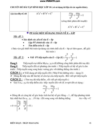 CHUYÊN ĐỀ BÀI TẬP HÌNH HỌC LỚP 10 ( có sử dụng tài liệu từ các nguồn khác).
BIÊN SOẠN : TRẦN MAI SANG 46
PP GIAÛI MOÄT SOÁ DAÏNG TOAÙN VEÀ E – LÍP
Vaán ñeà 1 :
 Xaùc ñònh caùc yeáu toá cuûa E – líp
 Laäp PT chính taéc cuûa E – líp
 Tìm ñieåm treân E – líp
( Döïa vaøo giaû thieát baøi toaùn aùp duïng caùc tính chaát cuûa E – líp coù lieân quan , ñeå giaûi
baøi toaùn )
Vaán ñeà 2 :  Vieát PT tieáp tuyeán cuûa E – Líp (E) :
2 2
1
2 2
x y
a b
Daïng 1: Tieáp tuyeán taïi ñieåm M0(x0 ; y0)(E)(Duøng coâng thöùc phaân ñoâi toaï ñoä)
Daïng 2: Tieáp tuyeán (D) coù phöông cho tröôùc ( Tieáp tuyeán coù heä soá goùc k cho
tröôùc ; Tieáp tuyeán song song hoaëc vuoâng goùc vôùi ñöôøng thaúng cho tröôùc )
CAÙCH 1 :  Vieát daïng p/t tieáp tuyeán (D) ( Nhö ôû baøi ñöôøng troøn – daïng 2)
 Duøng ñk tieáp xuùc ñeå tìm heä soá coøn laïi cuûa tieáp tuyeán . Roài vieát p/t tieáp tuyeán
CAÙCH 2 : ( Tìm toaï ñoä tieáp ñieåm , roài vieát p/t tieáp tuyeán )
 Goïi I (x0 ; y0) laø tieáp ñieåm cuûa tieáp tuyeán (D) vôùi (E )=>p/t (D) coù daïng :
0 0
1
2 2
xx yy
a b
 Duøng ñk coù cuøng heä soá goùc hoaëc tích hai heä soá goùc baèng – 1 , ñeå laäp phöông trình
baäc nhaát hai aån x0 , y0 . (Ví duï : (D) song song vôùi ñöôøng thaúng Ax + By + C
= 0
0 0
2 2 0
x y
a b
A B
)
():Ax+By+C=0 A2
a2
+ B2
b2
= C2
0 0 1
2 2
xx yy
b a
(coâng thöùc phaân ñoâi toaïñoä)
A2
b2
+ B2
a2
= C2
www.VNMATH.com
 