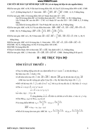 CHUYÊN ĐỀ BÀI TẬP HÌNH HỌC LỚP 10 ( có sử dụng tài liệu từ các nguồn khác).
BIÊN SOẠN : TRẦN MAI SANG 6
60)Cho tam giác ABC và M, N l n l t là trung iểm AB, AC.Gọi P, Q là trung iểm MN và BC. CMR
: A, P , Q th ng hàng.Gọi E, F thoả mãn :
1
3
ME MN ,
1
3
BF BC . CMR : A, E, F th ng hàng.
61)Cho tam giác ABC, E là trung iểm AB và F thu c thoả mãn AF = 2FC.
Gọi M là trung iểm BC và I là iểm thoả mãn 4EI = 3FI. CMR : A, M, I th ng hàng.
Lấy N thu c BC sao cho BN = 2 NC và J thu c EF sao cho 2EJ = 3JF. CMR A, J, N th ng
hàng.
Lấy iểm K là trung iểm EF. Tìm P thu c BC sao cho A, K, P th ng hàng.
62)Cho tam giác ABC và M, N, P là các iểm thoả mãn : 3MB MC O  , 3AN NC , PB PA O  .
CMR : M, N, P th ng hàng. (
1 1 1
,
2 2 4
MP CB CA MN CB CA    ).
63)Cho tam giác ABC và L, M, N thoả mãn 2 ,LB LC
1
2
MC MA

 , NB NA O  . CM : L, M, N
th ng hàng.
64)Cho tam giác ABC với G là trọng tâm. I, J thoả mãn : 2 3IA IC O  , 2 5 3JA JB JC O   .
65)CMR : M, N, J th ng hàng với M, N là trung iểm AB và BC.
66)CMR J là trung iểm BI.
67)Gọi E là iểm thu c AB và thoả mãn AE kAB . Xác ịnh k ể C, E, J th ng hàng.
68)Cho tam giác ABC. I, J thoả mãn : 2 , 3 2 =IA IB JA JC O  . CMR : Đ ờng th ng IJ i qua G.
II – HỆ TRỤC TỌA ĐỘ
TOÙM TAÉT LYÙ THUYEÁT :
 Truïc laø ñöôøng thaúng treân ñoù xaùc ñònh ñieåm O vaø 1 vectô i coù ñoä daøi baèng 1.
Kyù hieäu truïc (O; i ) hoaéc x’Ox
 A,B naèm treân truïc (O; i ) thì AB = AB i . Khi ñoù AB goïi laø ñoä daøi ñaïi soá cuûa AB
 Heä truïc toïa ñoä vuoâng goùc goàm 2 truïc Ox  Oy. Kyù hieäu Oxy hoaëc (O; i ; j )
 Ñoái vôùi heä truïc (O; i ; j ), neáu a =x i +y j thì (x;y) laø toaï ñoä cuûa a . Kyù hieäu a = (x;y)
 Cho a = (x;y) ;b = (x’;y’) ta coù
a  b = (x  x’;y  y’)
k a =(kx ; ky) ;  k  R
b cuøng phöông a (a 0) khi vaø chæ khi coù soá k thoûa x’=kx vaø y’= ky
 Cho M(xM ; yM) vaø N(xN ; yN) ta coù
P laø trung ñieåm MN thì xp =
2
M Nx x
vaø yP =
2
M Ny y
MN = (xM – xN ; yM – yN)
 Neáu G laø troïng taâm tam giaùc ABC thì xG =
3
A B Cx x x 
vaø yG =
2
A B Cy y y 
www.VNMATH.com
 