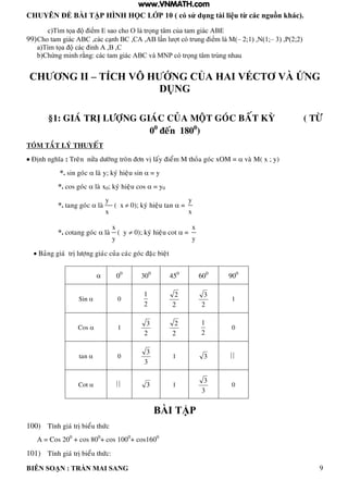 CHUYÊN ĐỀ BÀI TẬP HÌNH HỌC LỚP 10 ( có sử dụng tài liệu từ các nguồn khác).
BIÊN SOẠN : TRẦN MAI SANG 9
c T m tọa iểm sao cho O trọng t m của tam gi c
99)Cho tam gi c C c c c nh C C n t c trung iểm M – 2;1) ,N(1;– 3) ,P(2;2)
a T m tọa c c ỉnh C
b Chứng minh rằng: c c tam gi c C v MNP c trọng t m trùng nhau
CHƢƠNG II – TÍCH VÔ HƢỚNG CỦA HAI VÉCTƠ VÀ ỨNG
DỤNG
§1: GIAÙ TRÒ LÖÔÏNG GIAÙC CUÛA MOÄT GOÙC BAÁT KYØ ( TÖØ
00
ñeán 1800
)
TOÙM TAÉT LYÙ THUYEÁT
 Ñònh nghóa : Treân nöûa döôøng troøn ñôn vò laáy ñieåm M thoûa goùc xOM =  vaø M( x ; y)
*. sin goùc  laø y; kyù hieäu sin  = y
*. cos goùc  laø x0; kyù hieäu cos  = y0
*. tang goùc  laø
y
x
( x  0); kyù hieäu tan  =
y
x
*. cotang goùc  laø
x
y
( y  0); kyù hieäu cot  =
x
y
 Baûng giaù trò löôïng giaùc cuûa caùc goùc ñaëc bieät
BÀI TẬP
100) Tính giaù trò bieåu thöùc
A = Cos 200
+ cos 800
+ cos 1000
+ cos1600
101) Tính giaù trò bieåu thöùc:
 00
300
450
600
900
Sin  0
2
1
2
2
2
3
1
Cos  1
2
3
2
2
2
1
0
tan  0
3
3
1 3 
Cot   3 1
3
3
0
www.VNMATH.com
 