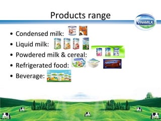Products range Condensed milk: Liquid milk: Powdered milk & cereal: Refrigerated food: Beverage: