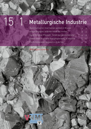 Aluminiumsector moet kansen pakken in Brussel	 >	4
Imagocampagne: Iedereen houdt van metaal!	 >	6
Ingrid Daniëlse (FNsteel): “Ik ben een productiemens”	 >	8
Steeds meer duurzame energieopwekking in industrie	 >	10
Conflictmineralen: de geest is uit de fles 	 >	 12
With English summary	 >	 2
Metallurgische Industrie15 1 	
VNMI MAGAZINE | JUNI 2015
 