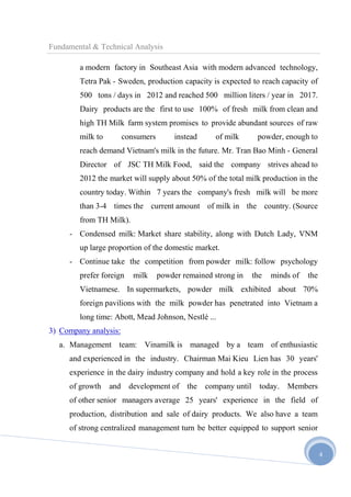 Fundamental & Technical Analysis
a modern factory in Southeast Asia with modern advanced technology,
Tetra Pak - Sweden, production capacity is expected to reach capacity of
500 tons / days in 2012 and reached 500 million liters / year in 2017.
Dairy products are the first to use 100% of fresh milk from clean and
high TH Milk farm system promises to provide abundant sources of raw
milk to

consumers

instead

of milk

powder, enough to

reach demand Vietnam's milk in the future. Mr. Tran Bao Minh - General
Director of JSC TH Milk Food, said the company strives ahead to
2012 the market will supply about 50% of the total milk production in the
country today. Within 7 years the company's fresh milk will be more
than 3-4 times the current amount of milk in the country. (Source
from TH Milk).
- Condensed milk: Market share stability, along with Dutch Lady, VNM
up large proportion of the domestic market.
- Continue take the competition from powder milk: follow psychology
prefer foreign

milk

powder remained strong in

the

minds of

the

Vietnamese. In supermarkets, powder milk exhibited about 70%
foreign pavilions with the milk powder has penetrated into Vietnam a
long time: Abott, Mead Johnson, Nestlé ...
3) Company analysis:
a. Management team: Vinamilk is managed by a team of enthusiastic
and experienced in the industry. Chairman Mai Kieu Lien has 30 years'
experience in the dairy industry company and hold a key role in the process
of growth

and

development of

the company until

today.

Members

of other senior managers average 25 years' experience in the field of
production, distribution and sale of dairy products. We also have a team
of strong centralized management turn be better equipped to support senior
4

 