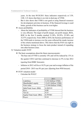 Fundamental & Technical Analysis
years. At the time 09.30.2011 these indicators respectively at 3.39;
2.08; 1.21 shows that there is no risk in short pay of VNM.
- But it also shows that VNM is not good at using financial resources
for development activities in business. If the financial leverage is used
better, growth of this business can be even higher.
 Assess profitability
- About the Indicators of profitability of VNM showed that the business
is very efficient. The target of profit margin, net profit margin, ROA,
ROE in the first 9 months reached 31.20%, 20.29%, 25.30% and
32.57% respectively. From 2008 to 2010, the business performance of
the VNM tends to increase over the years reflected the steady increase
of the criteria mentioned above. This shows that the PAN was right in
the business strategy to focus the main product instead of expanding
into other business areas.
5) Valuation model: FCFF
 The basic assumptions about the future macroeconomic:
- The base rate of VND is currently 14% and will be reduced by 13% in
the quarter I/2012 and then continued to decrease to 9% in late 2012
(quoting from HSBC forecasts).
- Inflation in 2012 will be at 10.5% per year and average inflation of the
period 2010 - 2015 was 8% per year. (Quoting from WB forecast).
 FCFF valuation model
- Calculate the WACC

Liabilities
Shareholder's equity
Firm value

2011
3,152 (billion VNĐ)
12,412 (billion VNĐ)
15,564 (billion VNĐ)

Debt/Total Asset (Wd)
Rdebt
Tax (t)
Equity/Total Asset (We)
Requity

0.202519
0.08
0.15
0.797481
0.14

	
9

 