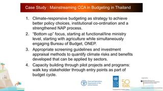 1. Climate-responsive budgeting as strategy to achieve
better policy choices, institutional co-ordination and a
strengthened NAP process.
2. “Bottom up” focus, starting at functional/line ministry
level, starting with agriculture while simultaneously
engaging Bureau of Budget, ONEP.
3. Appropriate screening guidelines and investment
appraisal methods to quantify climate risks and benefits
developed that can be applied by sectors.
4. Capacity building through pilot projects and programs:
walk key stakeholder through entry points as part of
budget cycle.
Case Study : Mainstreaming CCA in Budgeting in Thailand
 
