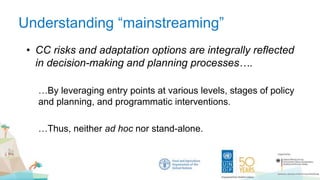 Understanding “mainstreaming”
• CC risks and adaptation options are integrally reflected
in decision-making and planning processes….
…By leveraging entry points at various levels, stages of policy
and planning, and programmatic interventions.
…Thus, neither ad hoc nor stand-alone.
 