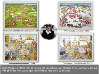 ”En liten minnesbild från mitt barndomshem” (1981) ”Från flydda barndomstider” (1992)
”Julstämning i tolvbarnsfamilj” (1975) ”Hemtrevnad i Västerbottenskök” (1993)
Ruth Wållberg (1920-2010) har på sitt naivistiska sätt skildrat livet i Vännfors och på
vår gård där hon växte upp tillsammans med sina 11 syskon.
 