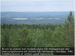 Åk och se utsikten över Vindelälvsdalen från Middagsberget eller
bese kungastenarna och utsikten från Hemberget i Vännäsby. Från
Svettåkersbacken är utsikten också imponerande.
 
