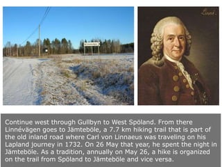 Continue west through Gullbyn to West Spöland. From there
Linnévägen goes to Jämteböle, a 7.7 km hiking trail that is part of
the old inland road where Carl von Linnaeus was traveling on his
Lapland journey in 1732. On 26 May that year, he spent the night in
Jämteböle. As a tradition, annually on May 26, a hike is organized
on the trail from Spöland to Jämteböle and vice versa.

 