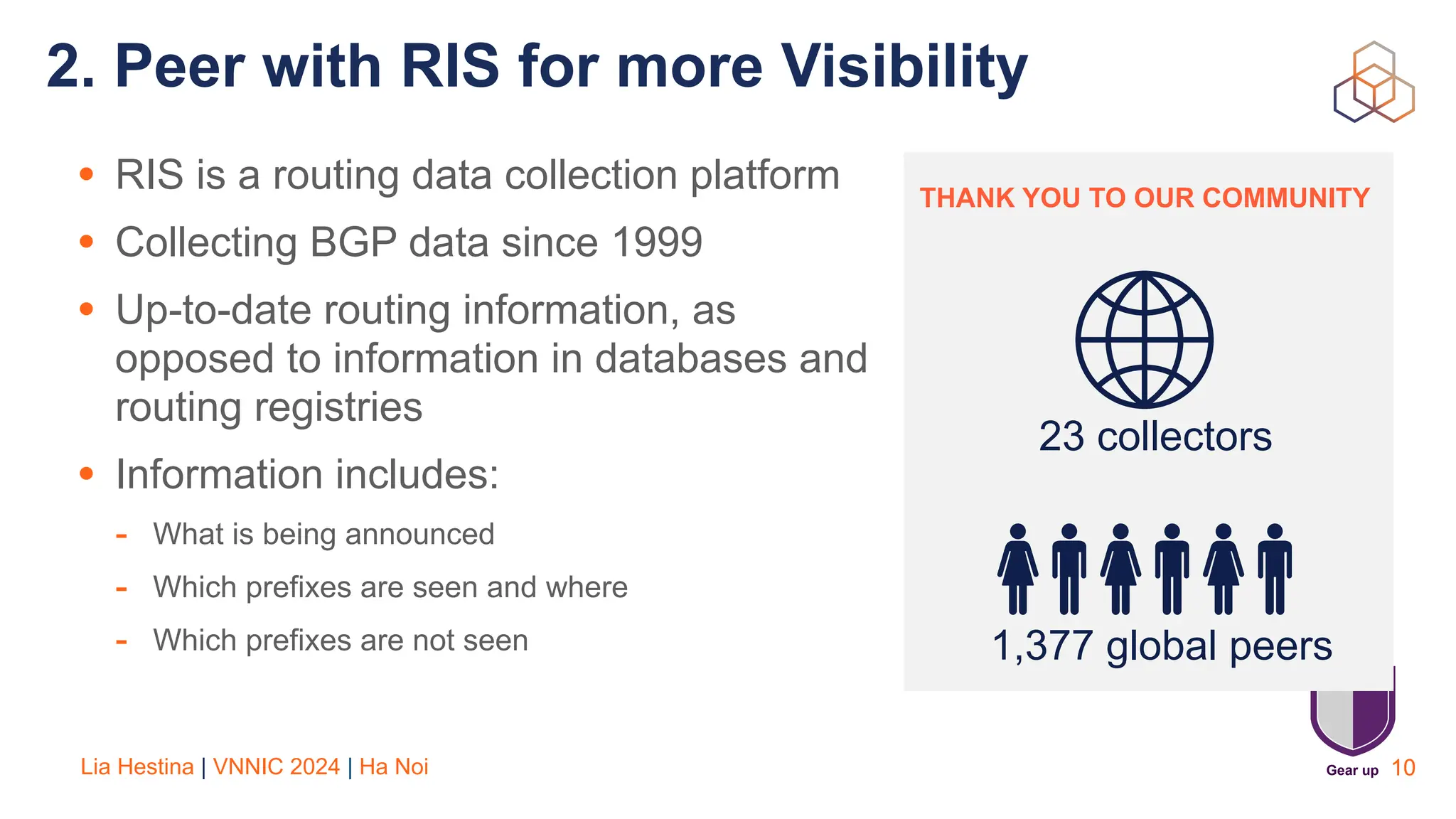 Lia Hestina | VNNIC 2024 | Ha Noi 10
2. Peer with RIS for more Visibility
Gear up
• RIS is a routing data collection platform
• Collecting BGP data since 1999
• Up-to-date routing information, as
opposed to information in databases and
routing registries
• Information includes:
- What is being announced
- Which prefixes are seen and where
- Which prefixes are not seen
23 collectors
1,377 global peers
THANK YOU TO OUR COMMUNITY
10
 