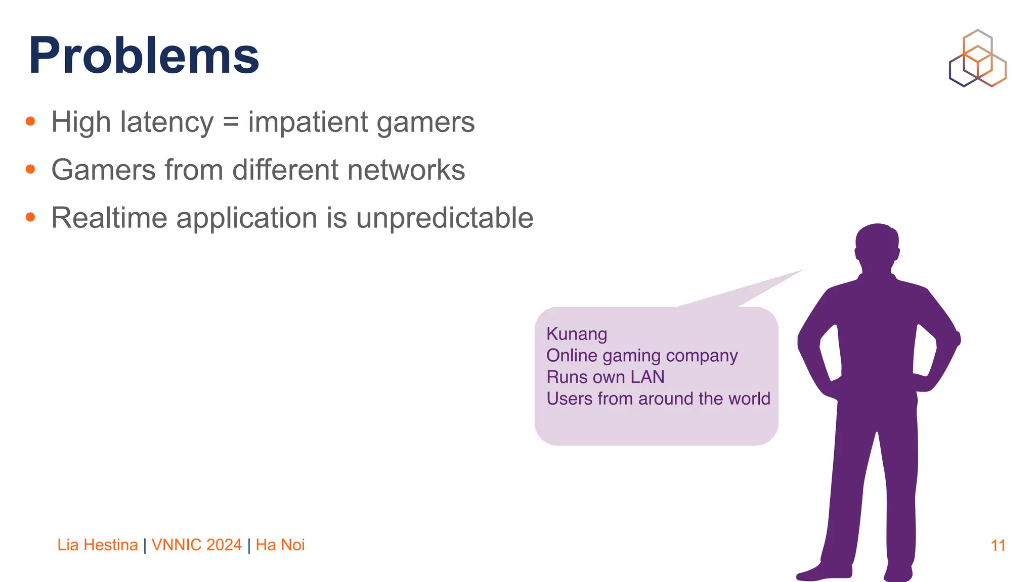 Lia Hestina | VNNIC 2024 | Ha Noi 11
Problems
Kunang
Online gaming company
Runs own LAN
Users from around the world
• High latency = impatient gamers
• Gamers from different networks
• Realtime application is unpredictable
 