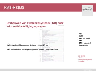 KMS  ISMS
www.metaware.nl
KMS – KwaliteitsManagement Systeem – norm ISO 9001
ISMS – Information Security Management System - norm ISO 27001
Ombouwen van kwaliteitssysteem (ISO) naar
informatiebeveiligingssysteem
• Intro
• KMS?
• KMS <--> ISMS
• ISMS
• ISMS – Annex A
• Stappenplan
Ad Voets
• TUD
• managementsystemen
• IT-audits
 