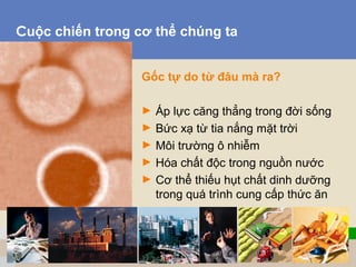 Cuộc chiến trong cơ thể chúng ta
Gốc tự do từ đâu mà ra?
► Áp lực căng thẳng trong đời sống
► Bức xạ từ tia nắng mặt trời
► Môi trường ô nhiễm
► Hóa chất độc trong nguồn nước
► Cơ thể thiếu hụt chất dinh dưỡng
trong quá trình cung cấp thức ăn
True Health - True Wealth
 