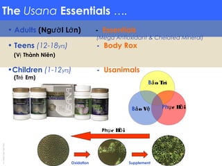 The Usana Essentials ….
• Adults (Ng I L n) -ườ ớ Essentials
(Mega Antioxidant & Chelated Mineral)
• Teens (12-18yrs) - Body Rox
(V Thành Niên)ị
•Children (1-12yrs) - Usanimals
(Tr Em)ẻ
SupplementOxidation
Ph c H iụ ồ
B o Trìả
B o Vả ệ Ph c H iụ ồ
ForJosephTing’sTeam2005
 