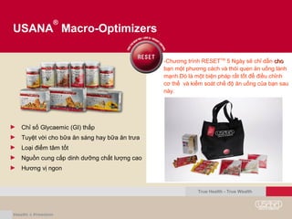 True Health - True Wealth
USANA
®
Macro-Optimizers
► Chỉ số Glycaemic (GI) thấp
► Tuyệt vời cho bữa ăn sáng hay bữa ăn trưa
► Loại điểm tâm tốt
► Nguồn cung cấp dinh dưỡng chất lượng cao
► Hương vị ngon
-Chương trình RESETTM
5 Ngày sẽ chỉ dẫn chocho
bạn một phương cách và thói quen ăn uống lành
mạnh.Đó là một biện pháp rất tốt để điều chỉnh
cơ thể và kiểm soát chế độ ăn uống của bạn sau
này.
 