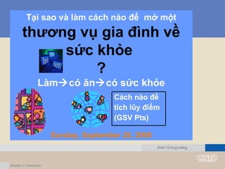 Tại sao và làm cách nào để mở một
thương vụ gia đình về
sức khỏe
?
Làmcó ăncó sức khỏe
Sunday, September 28, 2008
Cách nào để
tích lũy điểm
(GSV Pts)
 