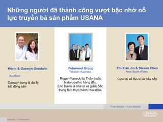 Những người đã thành công vượt bậc nhờ nỗ
lực truyền bá sản phẩm USANA
Futurenet Group
Western Australia
Roger Piasecki là Thầy thuốc
Naturopathic hàng đầu.
Eric Davis là nha sĩ và giám đốc
trung tâm thực hành nha khoa
Zhi-Xian Jin & Steven Chen
New South Wales
Cựu tài xế tắc-xi và đầu bếp
Kevin & Gaewyn Goodwin
Auckland
Gaewyn từng là đại lý
bất động sản
True Health - True Wealth
 