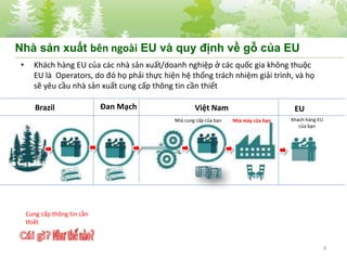 • Khách hàng EU của các nhà sản xuất/doanh nghiệp ở các quốc gia không thuộc
EU là Operators, do đó họ phải thực hiện hệ thống trách nhiệm giải trình, và họ
sẽ yêu cầu nhà sản xuất cung cấp thông tin cần thiết
4
Cung cấp thông tin cần
thiết
Khách hàng EU
của bạn
EUViệt NamBrazil Đan Mạch
Nhà máy của bạnNhà cung cấp của bạn
Nhà sản xuất bên ngoài EU và quy định về gỗ của EU
 
