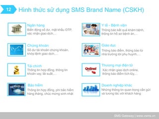 SMS Gateway | www.vsms.vn 
Hình thức sử dụng SMS Brand Name (CSKH) 
12 
Ngân hàng 
Biến động số dư, mật khẩu OTP, xác nhận giao dịch,… 
Chứng khoán 
Số dư tài khoản chứng khoán, khớp lệnh giao dịch,… 
Bảo hiểm 
Thông tin hợp đồng, phí bảo hiểm hàng tháng, chúc mừng sinh nhật 
Thương mại điện tử 
Xác nhận giao dịch online, thông báo điểm tích lũy,… 
Giáo dục 
Thông báo điểm, thông báo từ nhà trường tới phụ huynh,… 
Y tế - Bệnh viện 
Thông báo kết quả khám bệnh, thông tin hồ sơ bệnh án,… 
Doanh nghiệp khác 
Những thông tin quan trọng cần gửi và tương tác với khách hàng 
Tài chính 
Thông tin hợp đồng, thông tin khoản vay, lãi suất,…  