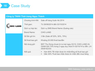 SMS Gateway | www.vsms.vn 
Tên chương trình khuyến mãi 
Case Study 
18 
Công ty TNHH Thời trang Ngọc Thành 
Chương trình KM: 
Sale off hàng Xuân Hè 2014 
Thời gian: 
Từ 26/08/2014 đến 03/10/2014 
Dịch vụ hợp tác: 
Dịch vụ SMS Brand Name (Quảng cáo) 
Brand Name: 
CHIC-LAND 
Số lần gửi tin: 
3 lần (Sale off 30%, 50%, 70%) 
Số thuê bao gửi: 
Khoảng 20.000 thuê bao/lần 
Nội dung gửi: 
BST Thu Dong chuan bi ra mat ngay 03/10. CHIC-LAND t/b GIAM GIA 70% trong 2 ngay duy nhat 01-02/10/14 tu 08h. LH: 0938162333 
Kết quả: 
Hơn 90% TB nhận được tin nhắn/tổng số thuê bao gửi 
Gần 30% Thuê bao nhận được tin nhắn đến mua hàng  