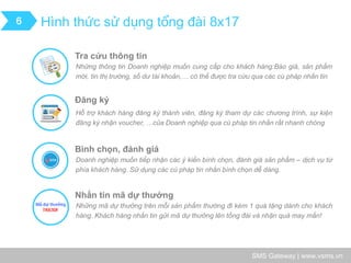 SMS Gateway | www.vsms.vn 
Hình thức sử dụng tổng đài 8x17 
6 
Tra cứu thông tin 
Những thông tin Doanh nghiệp muốn cung cấp cho khách hàng:Báo giá, sản phẩm mới, tin thị trường, số dư tài khoản,… có thể được tra cứu qua các cú pháp nhắn tin 
Đăng ký 
Hỗ trợ khách hàng đăng ký thành viên, đăng ký tham dự các chương trình, sự kiện đăng ký nhận voucher, …của Doanh nghiệp qua cú pháp tin nhắn rất nhanh chóng 
Bình chọn, đánh giá 
Doanh nghiệp muốn tiếp nhận các ý kiến bình chọn, đánh giá sản phẩm – dịch vụ từ phía khách hàng. Sử dụng các cú pháp tin nhắn bình chọn dễ dàng. 
Nhắn tin mã dự thưởng 
Những mã dự thưởng trên mỗi sản phẩm thường đi kèm 1 quà tặng dành cho khách hàng. Khách hàng nhắn tin gửi mã dự thưởng lên tổng đài và nhận quà may mắn!  