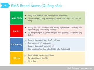 SMS Gateway | www.vsms.vn 
SMS Brand Name (Quảng cáo) 
8 
Chức năng 
Lợi ích 
Mục đích 
Tăng mức độ nhận diện thương hiệu, nhãn hiệu 
Định hướng sự chú ý về thông tin khuyến mãi, tăng doanh số bán hàng 
Hỗ trợ 
Thông tin được chuyển tới khách hàng ngay lập tức, chủ động tiếp cận đối tượng khách hàng phù hợp 
Đa dạng thông tin truyền tải: khuyến mãi, giới thiệu sản phẩm, tặng quà,… 
Quản lý danh sách liên hệ (số thuê bao) 
Tạo chương trình quảng cáo 
Quản lý danh sách chương trình 
Báo cáo tổng hợp, báo cáo chi tiết, biểu đồ thống kê 
Cung cấp tài khoản người dùng 
Tư vấn nội dung tin nhắn 
Xử lý data  
