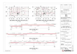 1 2 3 4 5
A
B
C
2' 4'3'
1800 1000 3600 2000 2000 3600 2000
35004000
CẦU
THANG
BỘ
11
B
B
Ø8 a150 Ø8a150
Ø8 a150
Ø8 a150
Ø8a150
Ø8 a150
Ø8 a150
Ø8 a150
Ø8 a150
Ø8a150
Ø8a150
Ø8a150
Ø8a150
Ø8a150
AA
1 2 3 4 5
A
B
C
2' 4'3'
11
B
B
1800 1000 3600 2000 2000 3600 2000
35004000
Ø10a180
Ø10a180
Ø10 a180
Ø10 a180
Ø10a180
Ø10 a180
Ø10a180
Ø10a180
Ø10 a180
Ø10 a180
Ø10a180
Ø10a180
Ø10a180
Ø10 a180
Ø10a180
Ø10 a180
Ø10 a180
Ø10a180
Ø10a180
Ø10a180
Ø10 a180
Ø10a180
Ø10a180
Ø10a180
Ø10 a180
1225
675
1375
1225
2885
1375
1860
3100
1375
1775
2450
7250
3475 1775
1225
2350
4775
2100
2450
1375
1575
1375
1850
1225
CẦU
THANG
BỘ
AA
+3.150 m
Lầu 1
1 2 3
46001800
200200200
300
100
175
175
22 Ø10 a180 23 Ø10 a180
14 Ø8 a150 13 Ø8 a150
22 Ø10 a180 30 Ø10 a180
3 Ø8 a150 12 Ø8 a150
22Ø10 a180 30 Ø10 a180
9 Ø8 a150
12 Ø8 a150
+3.150 m
Lầu 1
ABC
4000 3500
1200 1300 1200 200 1050 1100 1050 200200
300
100
12 Ø8 a150
3 Ø8 a150
22 Ø10 a180 30 Ø10 a180 19Ø10 a180 21Ø10 a180 19 Ø10 a180
8 Ø8 a150 3 Ø8 a150
15 Ø10 a18016Ø10 a16020 Ø10 a160
+3.150 m
Lầu 1
4 5
100
56002700
200 200
Uốn thép 45
43 Ø10 a180 30 Ø10 a180
10 Ø8 a150
12 Ø8 a150
22 Ø10 a180 22 Ø10 a180
3 Ø8 a150 12 Ø8 a150
175
www.autodesk.com/revit
TỈ LỆ :
CHỦ ĐẦU TƯ - INVESTOR
ĐIỆN THOẠI: 0933.711.211
ĐƠN VỊ TƯ VẤN THIẾT KẾ - DESIGNED BY
ĐỊA CHỈ: 105, CHUNG CƯ A1, NGUYỄN ÁI
QUỐC, P.QUANG VINH, BIÊN HÒA-ĐỒNG NAI
ĐIỆN THOẠI: 0916.989.135
TÊN CÔNG TRÌNH - PROJECT:
VỊ TRÍ - LOCATION:
TÊN BẢN VẼ - DRAWING TITLE
CHỦ TRÌ - PRIMARY ARCHITECT:
THIẾT KẾ - DESIGN BY:
VẼ - DRAWN BY
QUẢN LÝ KỸ THUẬT - CHECKED BY:
KTS. NGUYỄN NGỌC BÍCH
KS. LÊ THANH TUẤN
KS. LÊ THANH TUẤN
KTS.VŨ MẠNH HẢI
NGÀY GIAO-ISSUE DATE :
MỤC ĐÍCH
PHÁT HÀNH
ISSUE DATE
T.K.SƠ BỘ-CONCEPT DESIGN
THI CÔNG - EXECUTION
MÃ BẢN VẼ :
As indicated
8/22/20162:03:23PM
KC-13
Mr. Elijah
ĐỊA CHỈ : 161 Pasteur phường 6 Quận3 -
TP.HCM
VĂN PHÒNG 17B BÍCH VÂN
161 Pasteur phường 6 Quận3 - TP.HCM
MẶT BẰNG THÉP SÀN LẦU
1
20/08/2016
TL:( 1 : 100 )
MẶT BẰNG THÉP SÀN LỚP DƯỚI LẦU 1
TL:( 1 : 100 )
MẶT BẰNG THÉP SÀN LỚP TRÊN LẦU 1
TL:( 1 : 20 )
MC A-A SÀN LẦU 1
TL:( 1 : 20 )
MC B-B SÀN LẦU 1
TL:( 1 : 20 )
MC A-A SÀN LẦU 1.
STT HIỆU CHỈNH DATE
 