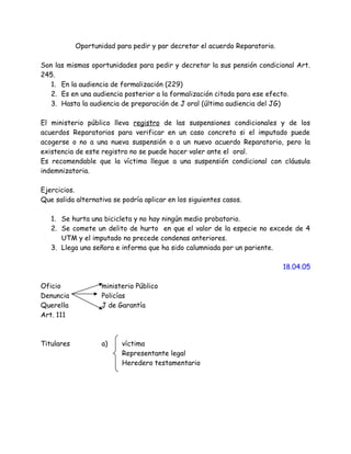 Oportunidad para pedir y par decretar el acuerdo Reparatorio.
Son las mismas oportunidades para pedir y decretar la sus pensión condicional Art.
245.
1. En la audiencia de formalización (229)
2. Es en una audiencia posterior a la formalización citada para ese efecto.
3. Hasta la audiencia de preparación de J oral (última audiencia del JG)
El ministerio público lleva registro de las suspensiones condicionales y de los
acuerdos Reparatorios para verificar en un caso concreto si el imputado puede
acogerse o no a una nueva suspensión o a un nuevo acuerdo Reparatorio, pero la
existencia de este registro no se puede hacer valer ante el oral.
Es recomendable que la víctima llegue a una suspensión condicional con cláusula
indemnizatoria.
Ejercicios.
Que salida alternativa se podría aplicar en los siguientes casos.
1. Se hurta una bicicleta y no hay ningún medio probatorio.
2. Se comete un delito de hurto en que el valor de la especie no excede de 4
UTM y el imputado no precede condenas anteriores.
3. Llega una señora e informa que ha sido calumniada por un pariente.
18.04.05
Oficio ministerio Público
Denuncia Policías
Querella J de Garantía
Art. 111
Titulares a) víctima
Representante legal
Heredero testamentario
 