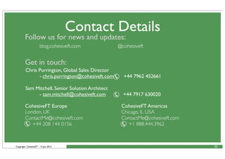 Copyright CohesiveFT - 14 Jun 2013
CohesiveFT Europe
London, UK
ContactMe@cohesiveft.com
  +44 208 144 0156
CohesiveFT Americas
Chicago, IL USA
ContactMe@cohesiveft.com
+1 888.444.3962
Contact Details
25
Follow us for news and updates:
blog.cohesiveft.com @cohesiveft
Get in touch:
Chris Purrington, Global Sales Director
- chris.purrington@cohesiveft.com +44 7962 452661
Sam Mitchell, Senior Solution Architect
- sam.mitchell@cohesiveft.com +44 7917 630020
 