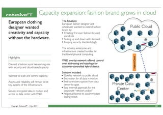 Copyright CohesiveFT - 14 Jun 2013
European clothing
designer wanted
creativity and capacity
without the hardware.
Highlights
Created a fashion social networking site
with security and cloud-based capacity
Wanted to scale and control capacity.
Access and reliability will remain to be
key aspects of the infrastructure.
Secure, encrypted data in motion and
access to data center withVNS3
The Situation:
European fashion designer and
wholesaler wanted to extend fashion
brand by:
• Creating ﬁrst ever fashion-focused
social site
• Scaling up and down with demand
• Keeping security standards high
The industry, enterprise and
infrastructure created hurdles for
traditional physical computing.
VNS3 overlay network offered control
over addressing and topology for
customer-controlled hybrid device.
Solution included:
• Overlay network to public cloud
• Encryption for all data in motion
• End-to-end encryption from data
center to apps
• Easy internal approvals for the
corporate “network police”
• Perpetual license to accommodate
scaling needs
Capacity expansion: fashion brand grows in cloud
30
Public Cloud
Private Data
Center
HybridCloud
 