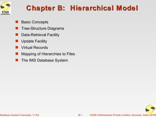 Chapter B: Hierarchical Model
             s Basic Concepts
             s Tree-Structure Diagrams
             s Data-Retrieval Facility
             s Update Facility
             s Virtual Records
             s Mapping of Hierarchies to Files
             s The IMS Database System




Database System Concepts, 1 st Ed.               B.1   ©VNS InfoSolutions Private Limited, Varanasi, India 22100
 