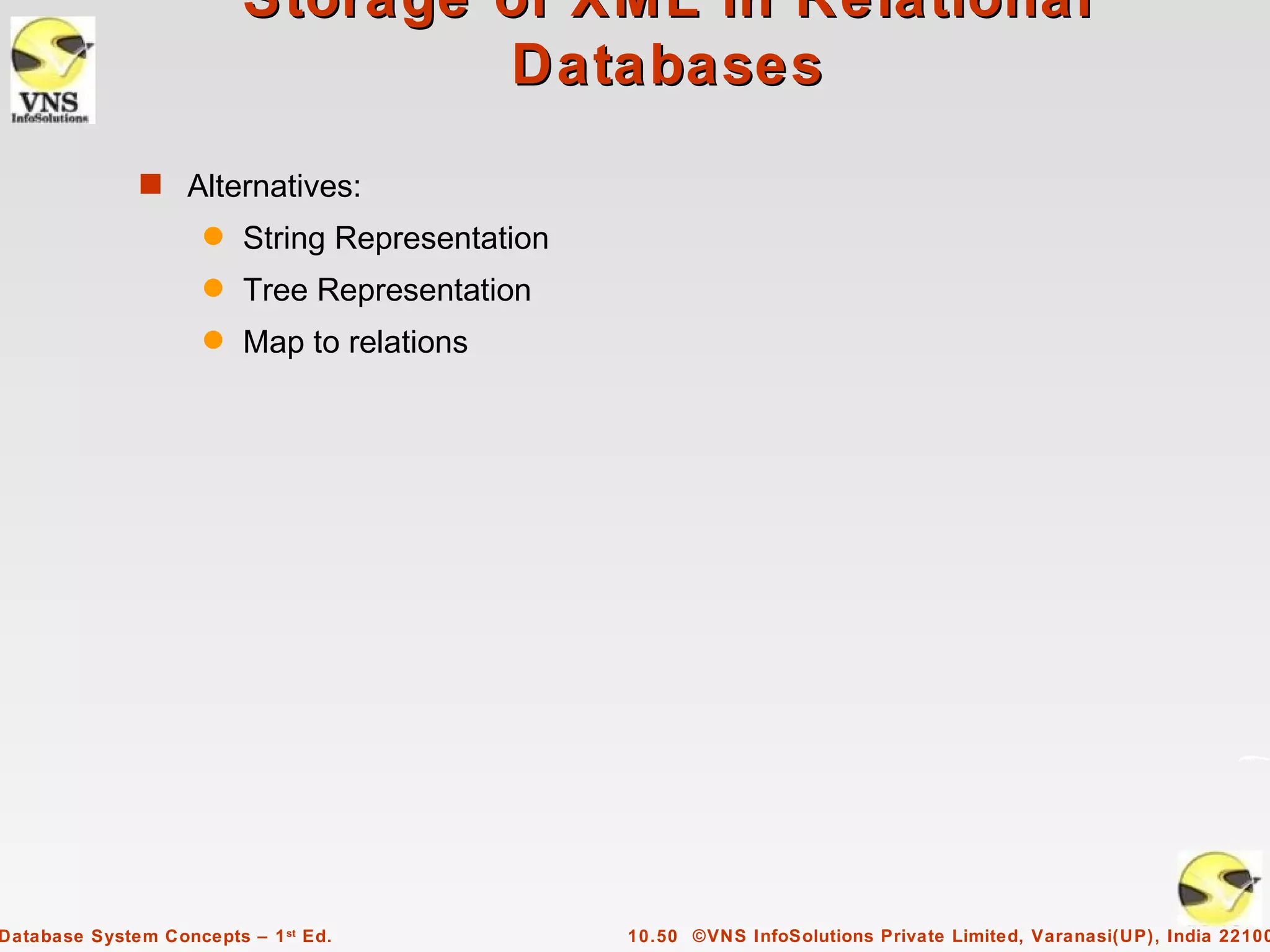 Storage of XML in Relational
                                 Databases
              s Alternatives:
                     q   String Representation
                     q   Tree Representation
                     q   Map to relations




Database System Concepts – 1 st Ed.              10.50 ©VNS InfoSolutions Private Limited, Varanasi(UP), India 22100
 