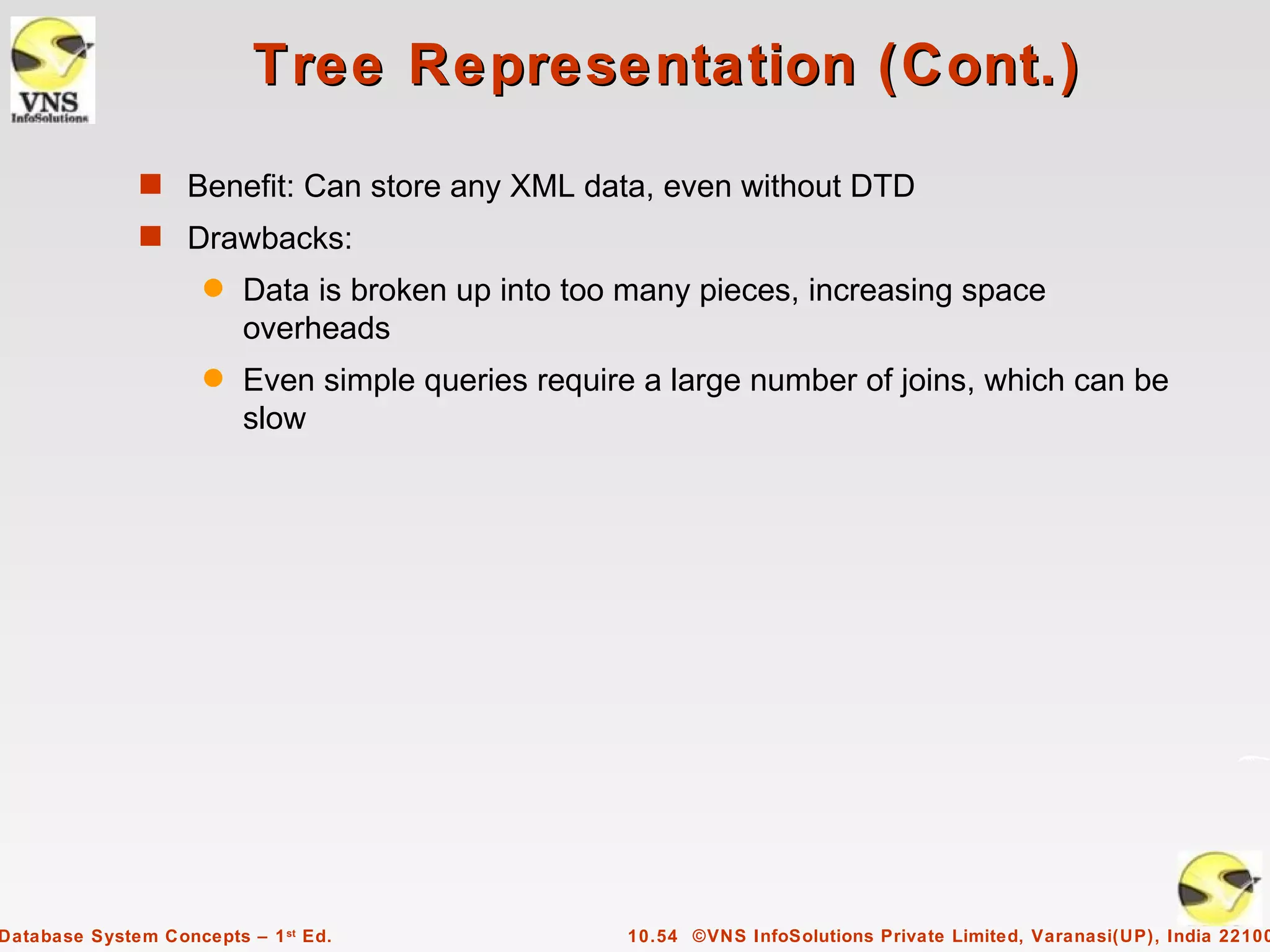 Tree Representation (Cont.)
              s Benefit: Can store any XML data, even without DTD
              s Drawbacks:
                     q   Data is broken up into too many pieces, increasing space
                         overheads
                     q   Even simple queries require a large number of joins, which can be
                         slow




Database System Concepts – 1 st Ed.                10.54 ©VNS InfoSolutions Private Limited, Varanasi(UP), India 22100
 