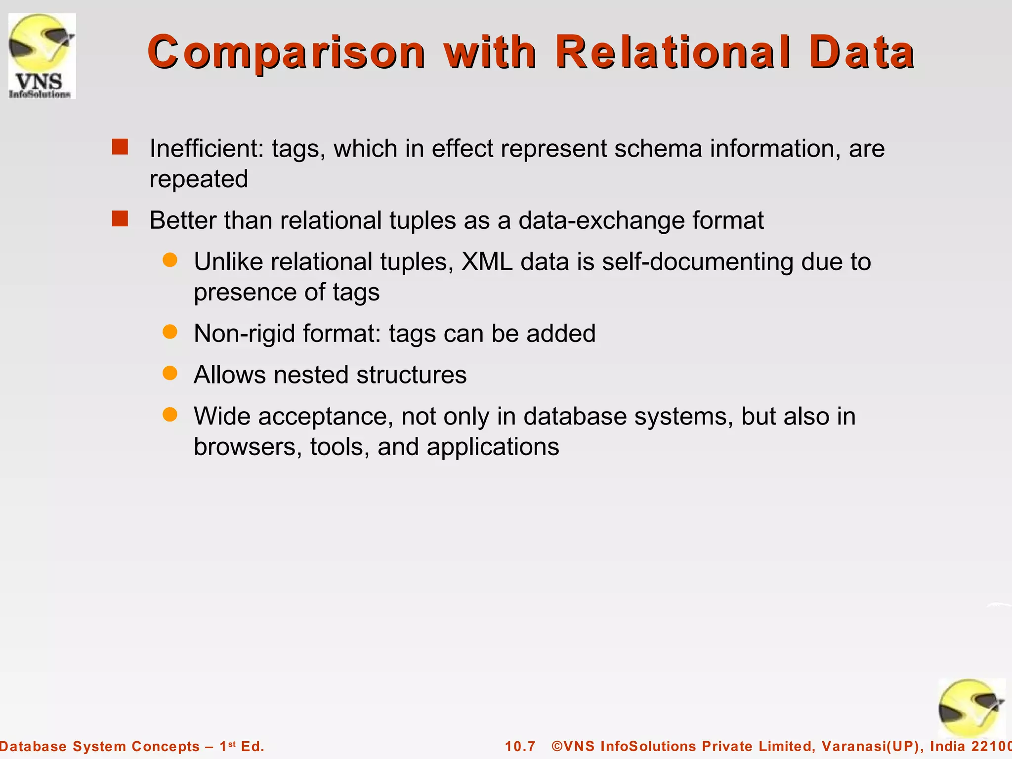 Comparison with Relational Data
              s Inefficient: tags, which in effect represent schema information, are
                   repeated
              s Better than relational tuples as a data-exchange format
                     q   Unlike relational tuples, XML data is self-documenting due to
                         presence of tags
                     q   Non-rigid format: tags can be added
                     q   Allows nested structures
                     q   Wide acceptance, not only in database systems, but also in
                         browsers, tools, and applications




Database System Concepts – 1 st Ed.                 10.7   ©VNS InfoSolutions Private Limited, Varanasi(UP), India 22100
 
