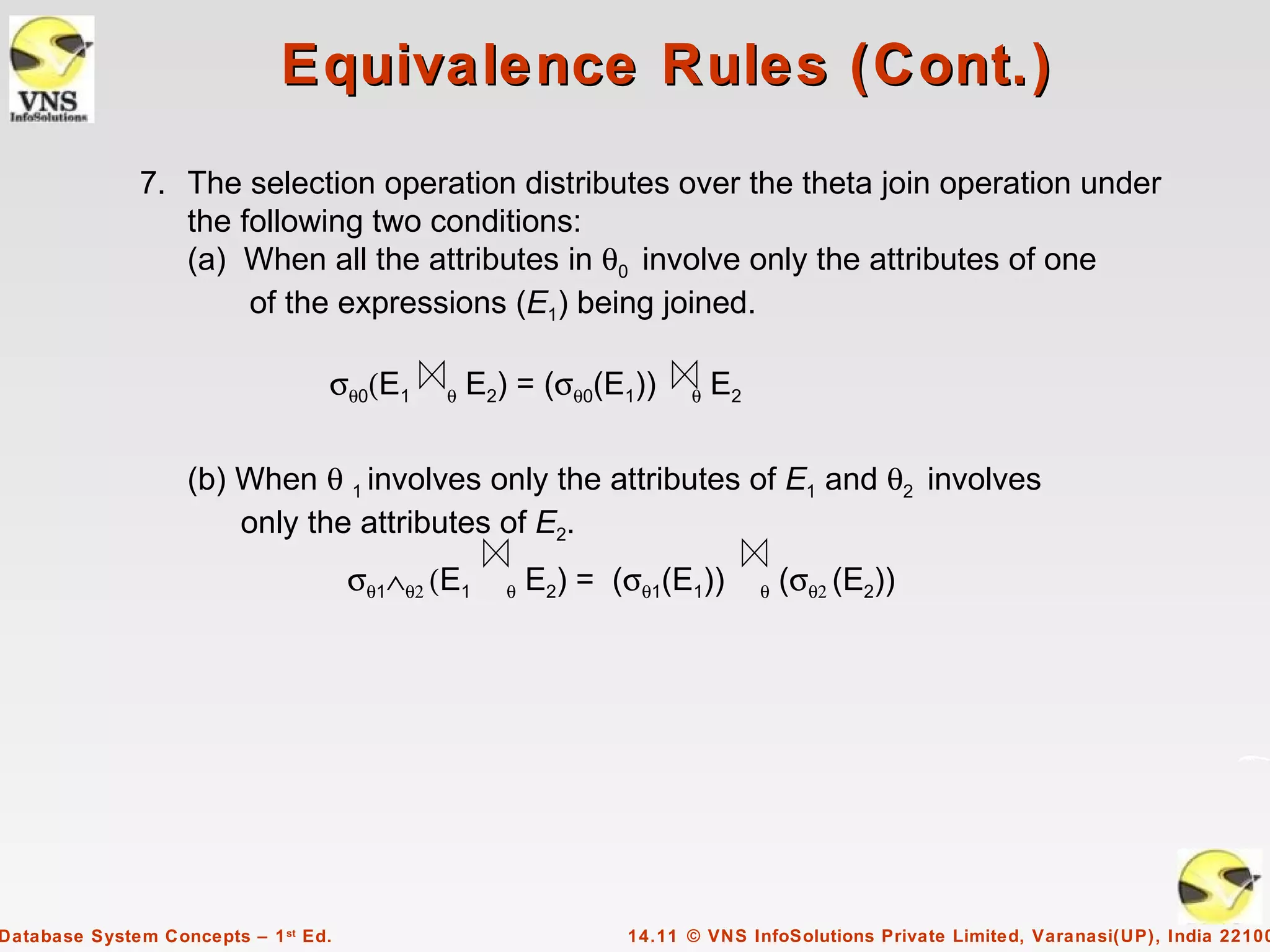 Equivalence Rules (Cont.)
              7. The selection operation distributes over the theta join operation under
                 the following two conditions:
                 (a) When all the attributes in θ0 involve only the attributes of one
                      of the expressions (E1) being joined.

                                  σθ0(E1      θ   E2) = (σθ0(E1))     θ   E2


                   (b) When θ 1 involves only the attributes of E1 and θ2 involves
                       only the attributes of E2.
                                      σθ1∧θ2 (E1     θ   E2) = (σθ1(E1))       θ   (σθ2 (E2))




Database System Concepts – 1 st Ed.                             14.11 © VNS InfoSolutions Private Limited, Varanasi(UP), India 22100
 