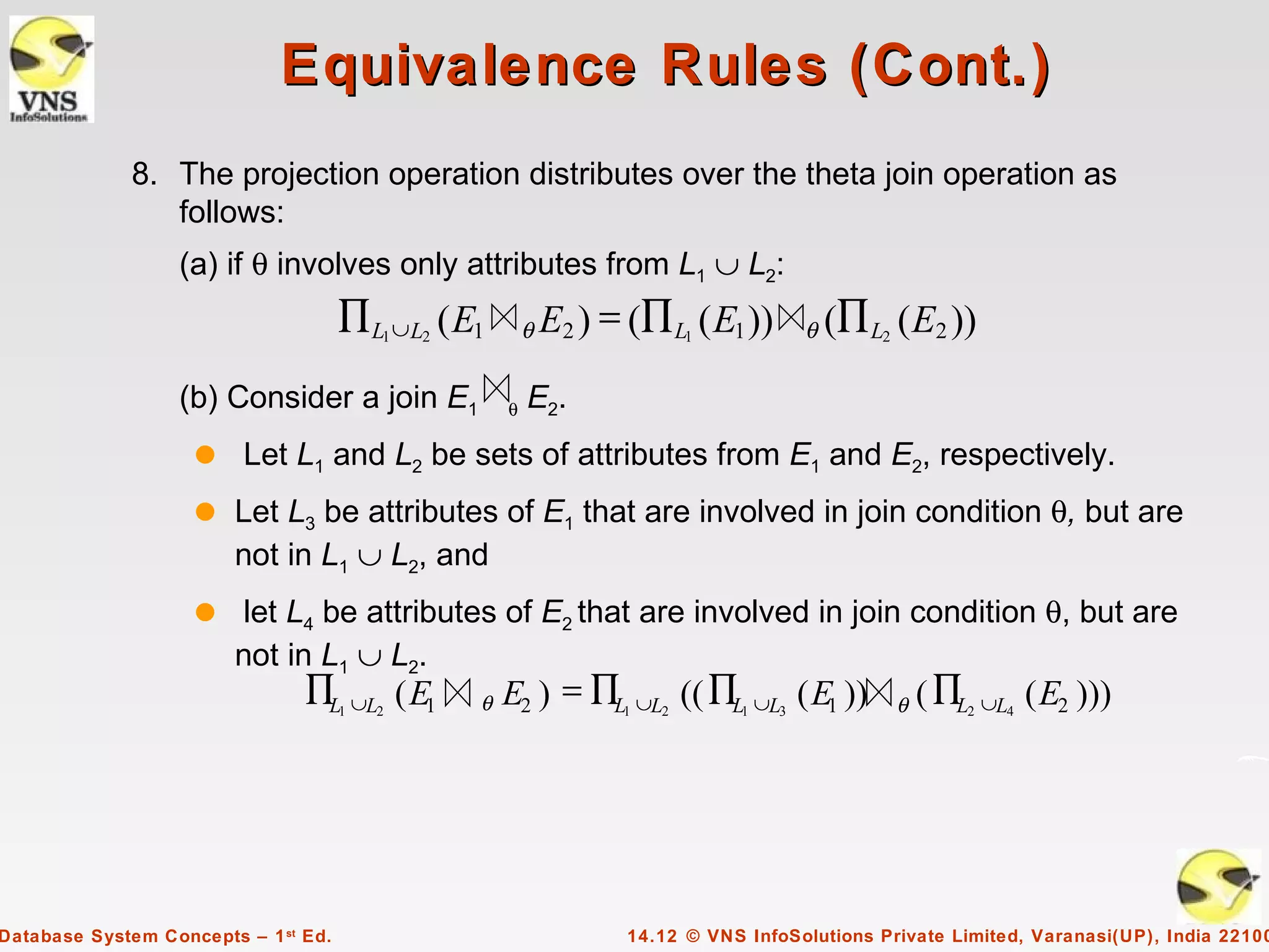 Equivalence Rules (Cont.)
              8. The projection operation distributes over the theta join operation as
                 follows:
                   (a) if θ involves only attributes from L1 ∪ L2:
                                      ∏ L1 ∪L2 ( E1       θ   E2 ) = (∏ L1 ( E1 ))       θ   (∏ L2 ( E2 ))
                   (b) Consider a join E1             θ   E2.
                    q    Let L1 and L2 be sets of attributes from E1 and E2, respectively.
                    q   Let L3 be attributes of E1 that are involved in join condition θ, but are
                        not in L1 ∪ L2, and
                    q    let L4 be attributes of E2 that are involved in join condition θ, but are
                        not in L1 ∪ L2.
                                ∏L ∪L ( E1
                                      1   2       θ   E2 ) = ∏L ∪L (( ∏L ∪L ( E1 ))
                                                                     1   2       1   3             θ   ( ∏L
                                                                                                          2   ∪L4   ( E2 )))




Database System Concepts – 1 st Ed.                                  14.12 © VNS InfoSolutions Private Limited, Varanasi(UP), India 22100
 