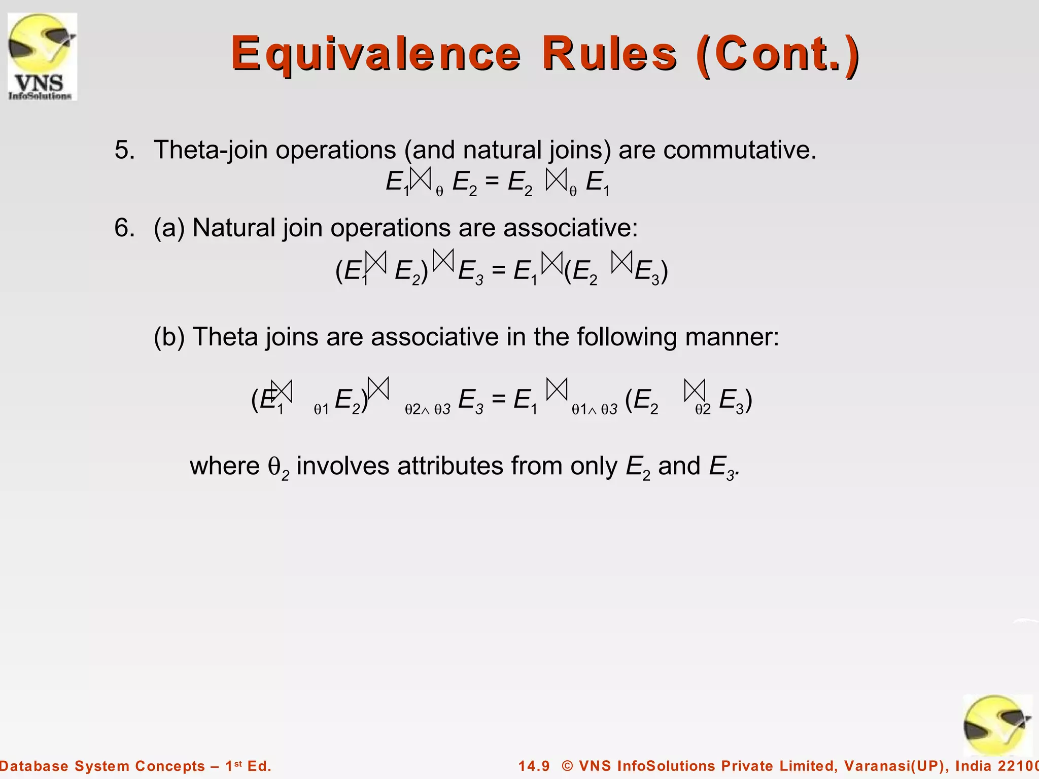 Equivalence Rules (Cont.)
              5. Theta-join operations (and natural joins) are commutative.
                                     E1 θ E2 = E2 θ E1
              6. (a) Natural join operations are associative:
                                           (E1 E2)        E3 = E1 (E2         E3)

                   (b) Theta joins are associative in the following manner:

                                (E1   θ1   E2)   θ2∧ θ3   E3 = E1    θ1∧ θ3   (E2    θ2   E3)

                        where θ2 involves attributes from only E2 and E3.




Database System Concepts – 1 st Ed.                            14.9 © VNS InfoSolutions Private Limited, Varanasi(UP), India 22100
 