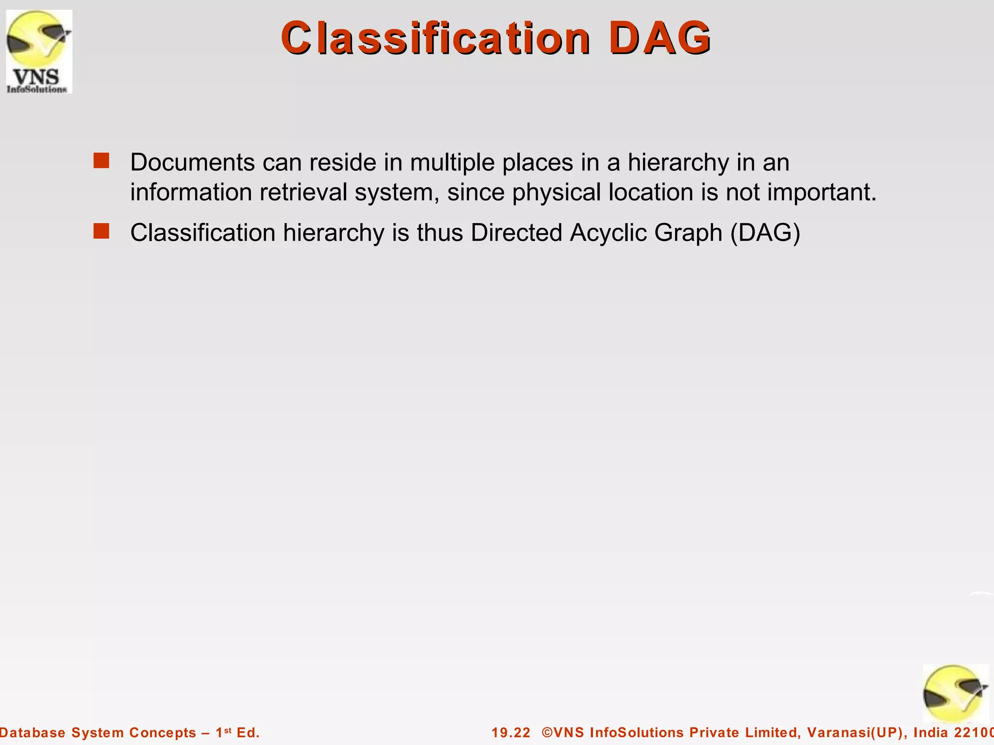 Classification DAG

            s Documents can reside in multiple places in a hierarchy in an
                 information retrieval system, since physical location is not important.
            s Classification hierarchy is thus Directed Acyclic Graph (DAG)




Database System Concepts – 1 st Ed.                19.22 ©VNS InfoSolutions Private Limited, Varanasi(UP), India 22100
 