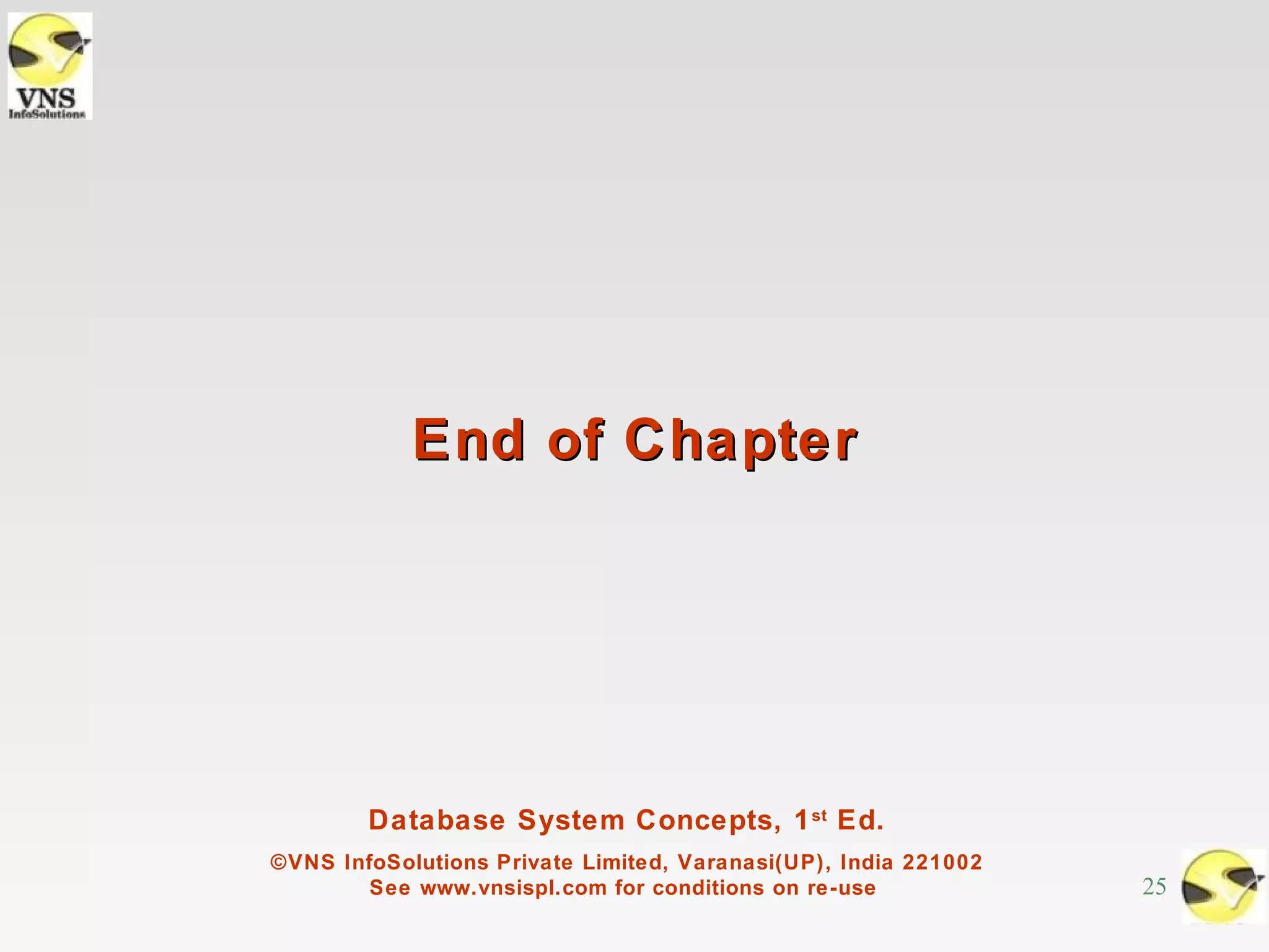 End of Chapter




        Database System Concepts, 1 st Ed.
©VNS InfoSolutions Private Limited, Varanasi(UP), India 221002
        See www.vnsispl.com for conditions on re-use             25
 