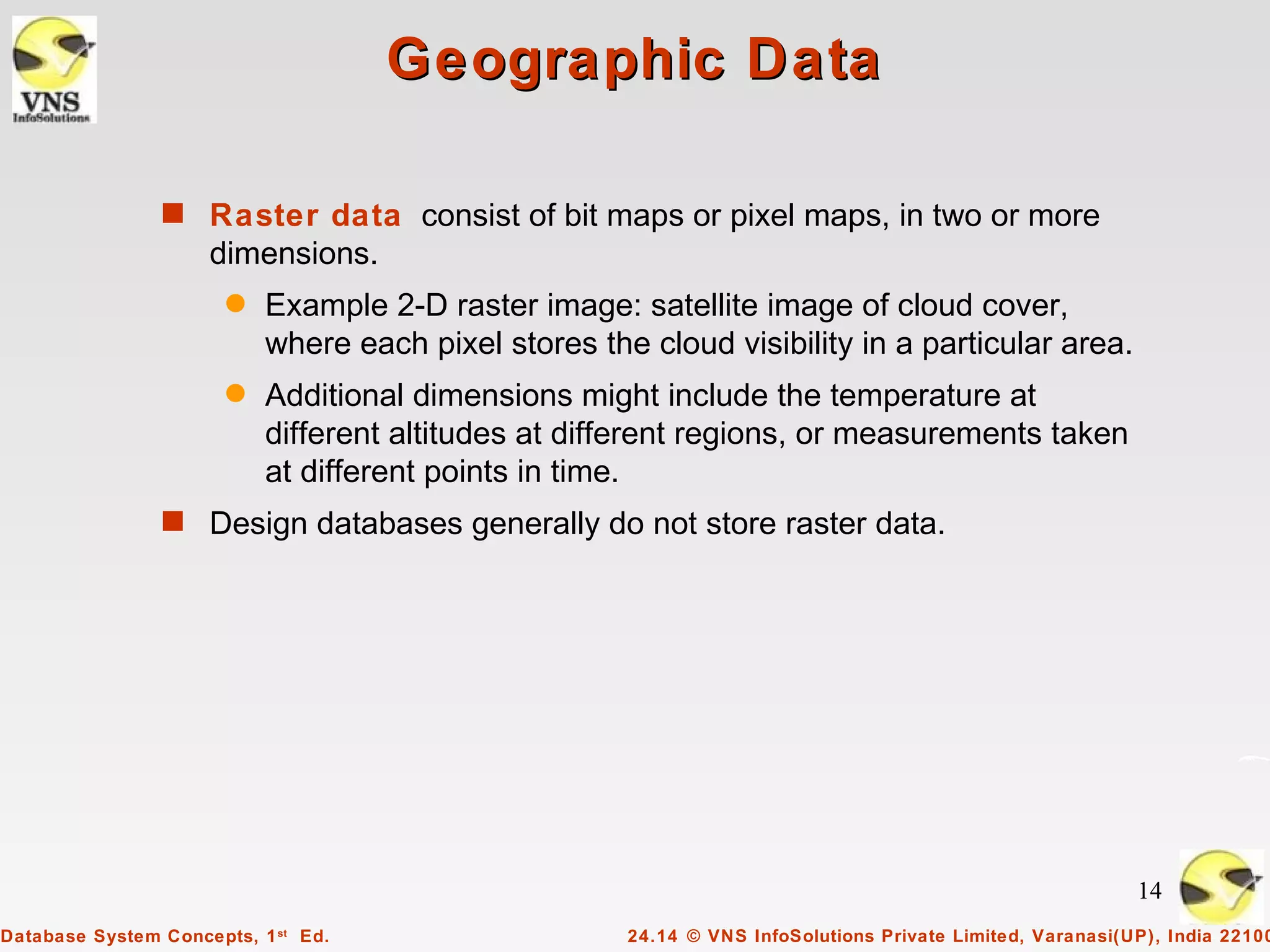Geographic Data

                s Raster data consist of bit maps or pixel maps, in two or more
                     dimensions.
                       q   Example 2-D raster image: satellite image of cloud cover,
                           where each pixel stores the cloud visibility in a particular area.
                       q   Additional dimensions might include the temperature at
                           different altitudes at different regions, or measurements taken
                           at different points in time.
                s Design databases generally do not store raster data.




                                                                                                           14
Database System Concepts, 1 st Ed.                    24.14 © VNS InfoSolutions Private Limited, Varanasi(UP), India 22100
 
