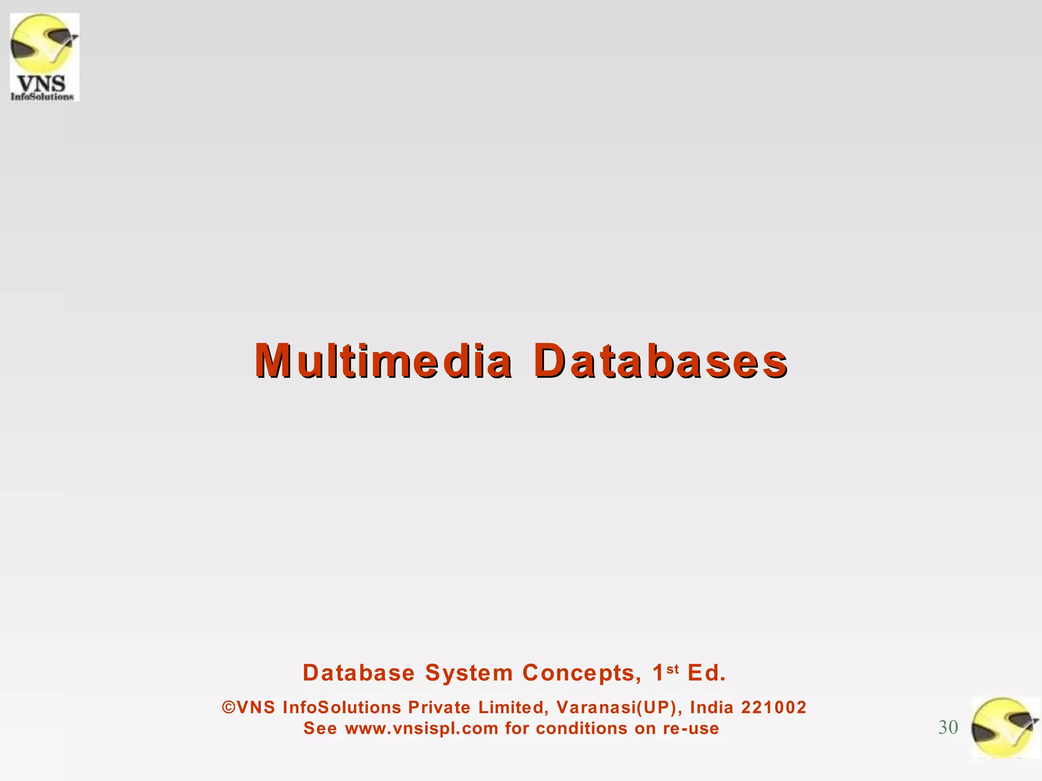 Multimedia Databases




        Database System Concepts, 1 st Ed.
©VNS InfoSolutions Private Limited, Varanasi(UP), India 221002
        See www.vnsispl.com for conditions on re-use             30
 