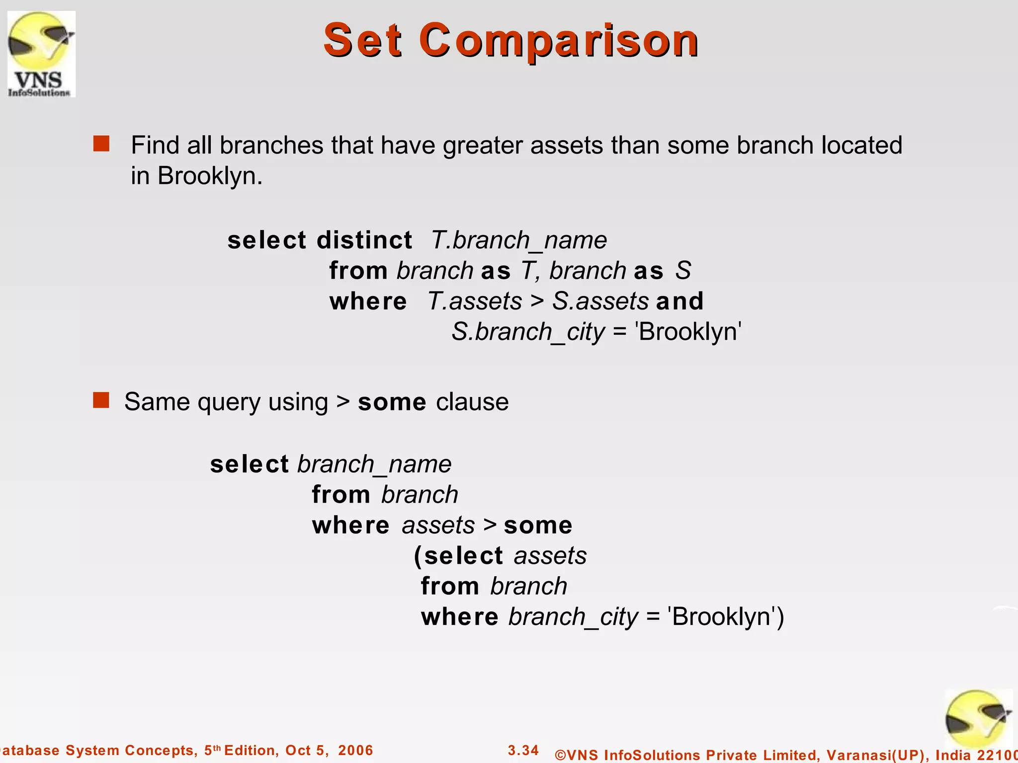 Set Comparison

             s Find all branches that have greater assets than some branch located
                  in Brooklyn.

                               select distinct T.branch_name
                                       from branch as T, branch as S
                                       where T.assets > S.assets and
                                                 S.branch_city = 'Brooklyn'

             s Same query using > some clause

                             select branch_name
                                     from branch
                                     where assets > some
                                             (select assets
                                              from branch
                                              where branch_city = 'Brooklyn')




Database System Concepts, 5 th Edition, Oct 5, 2006   3.34   ©VNS InfoSolutions Private Limited, Varanasi(UP), India 22100
 