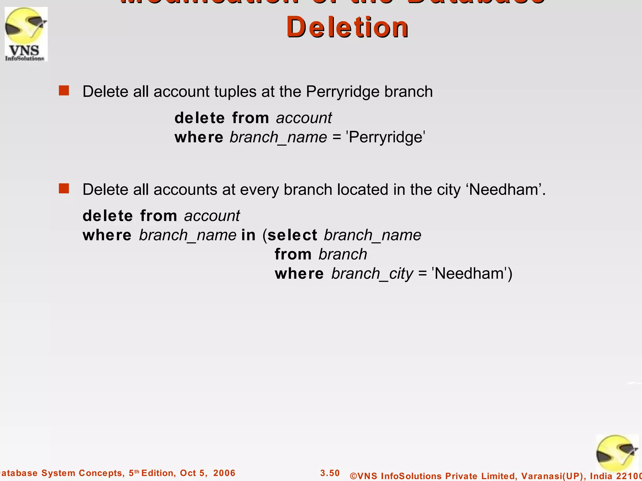 Modification of the Database –
                                     Deletion

             s Delete all account tuples at the Perryridge branch
                                      delete from account
                                      where branch_name = 'Perryridge'


             s Delete all accounts at every branch located in the city ‘Needham’.
                  delete from account
                  where branch_name in (select branch_name
                                         from branch
                                         where branch_city = 'Needham')




Database System Concepts, 5 th Edition, Oct 5, 2006     3.50   ©VNS InfoSolutions Private Limited, Varanasi(UP), India 22100
 